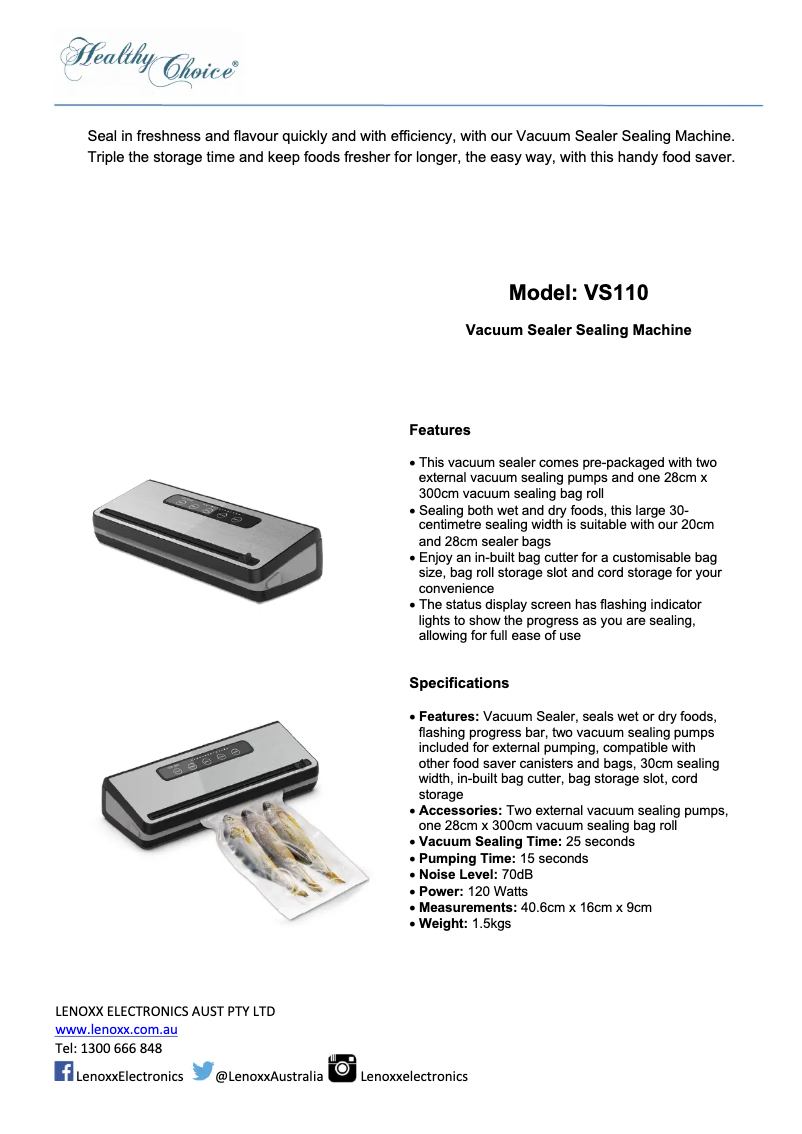 Page 1 de la notice Manuel utilisateur Healthy Choice VS110