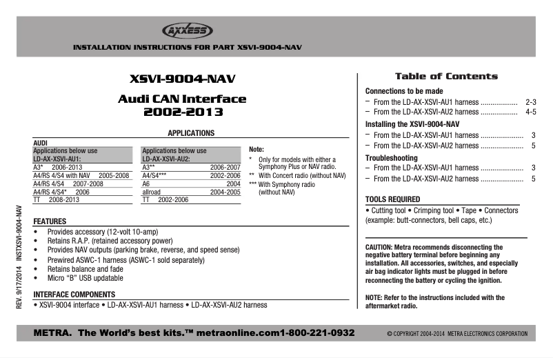 Page n°1 - Manuel utilisateur Metra XSVI-9004-NAV