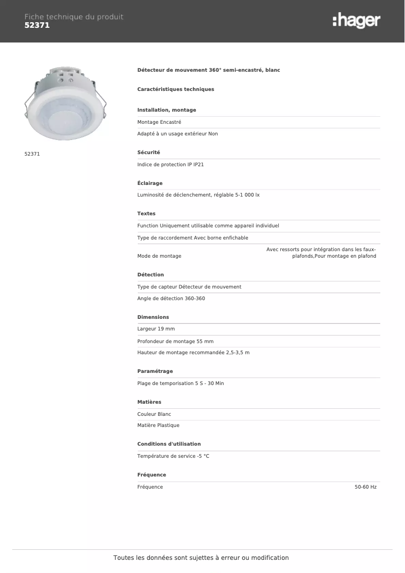 Page 1 de la notice Fiche technique Hager 52371