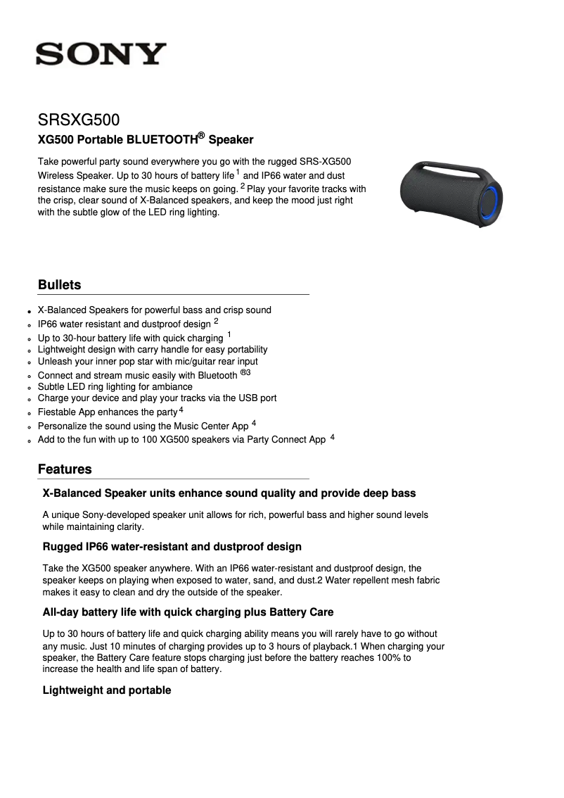 Página 1 del manual Ficha técnica Sony SRS-XG500