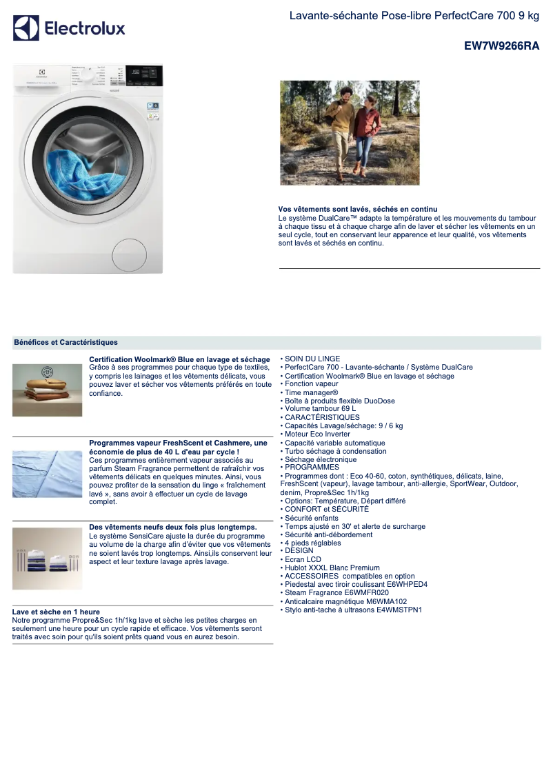 Page 1 de la notice Fiche technique Electrolux EW7W9266RA