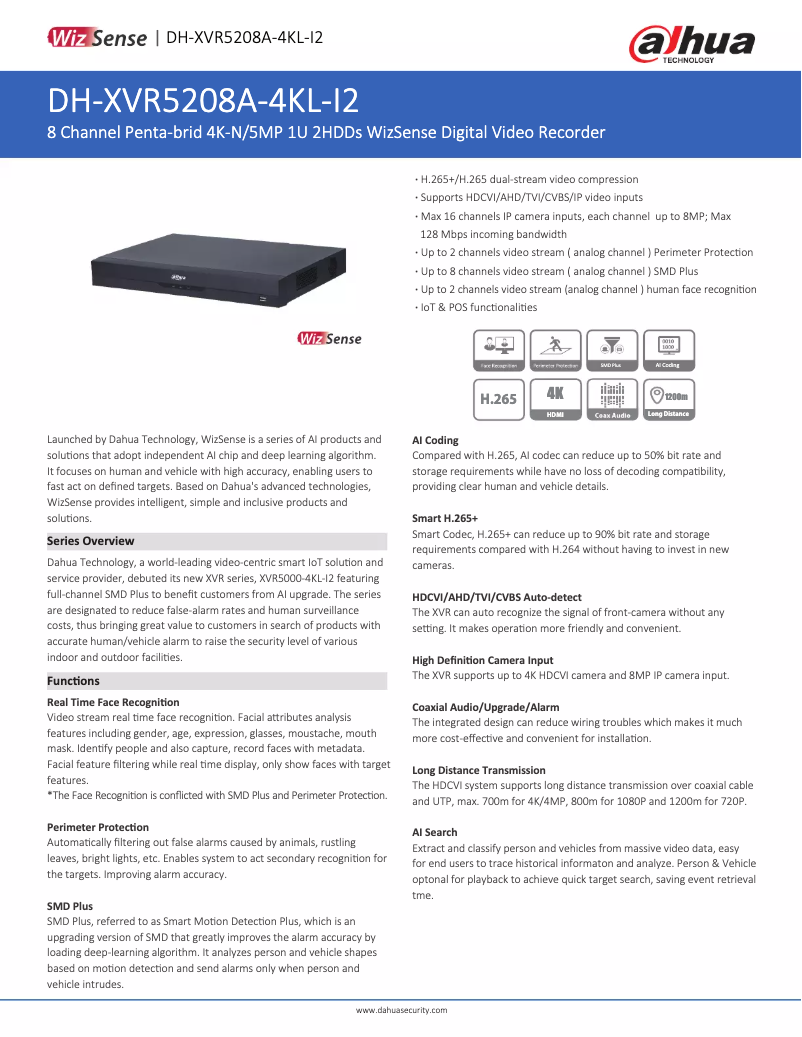 Page n°1 - Fiche technique Dahua Technology XVR5208A-4KL-I2