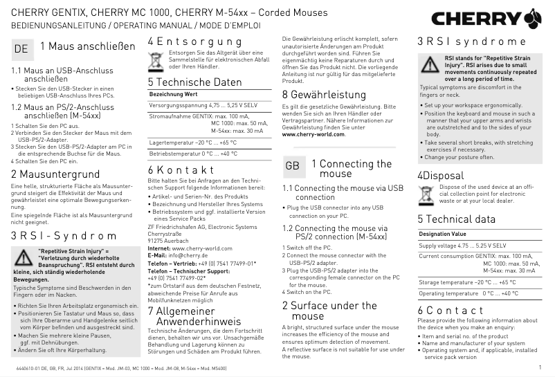 Page n°1 - Manuel utilisateur Cherry MC 1000