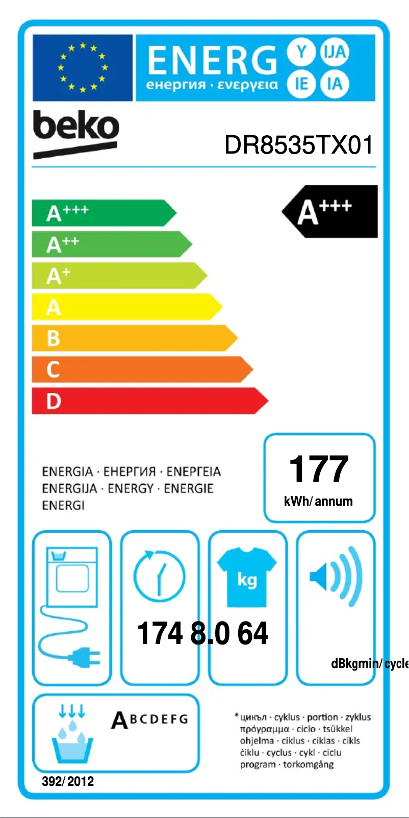 Page n°1 - Label énergétique Beko DR8535TX01