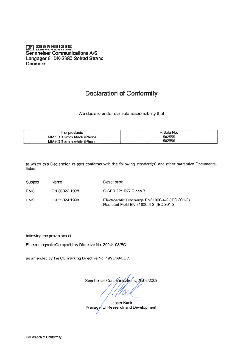 Page 1 de la notice Manuel utilisateur Sennheiser MM50