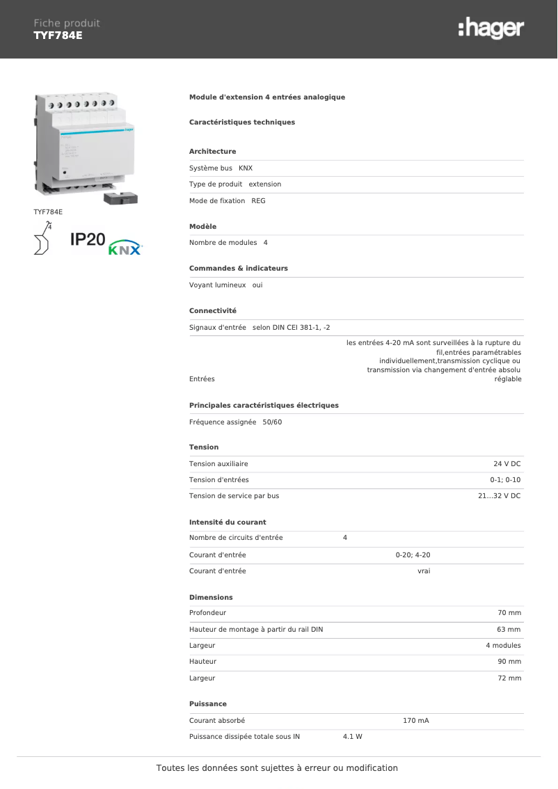 Page 1 de la notice Fiche technique Hager TYF784E