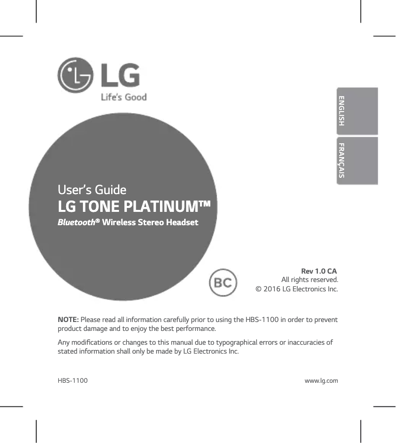 Page 1 de la notice Manuel utilisateur LG Tone Platinum