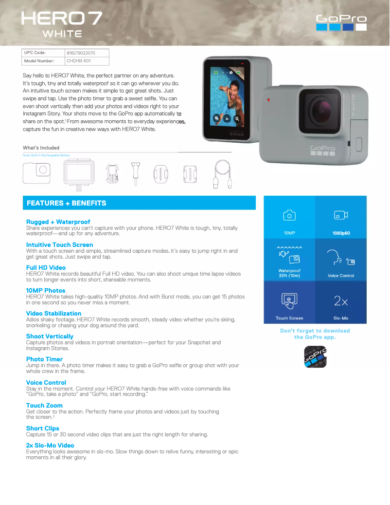 Page 1 de la notice Fiche technique GoPro HERO 7 White