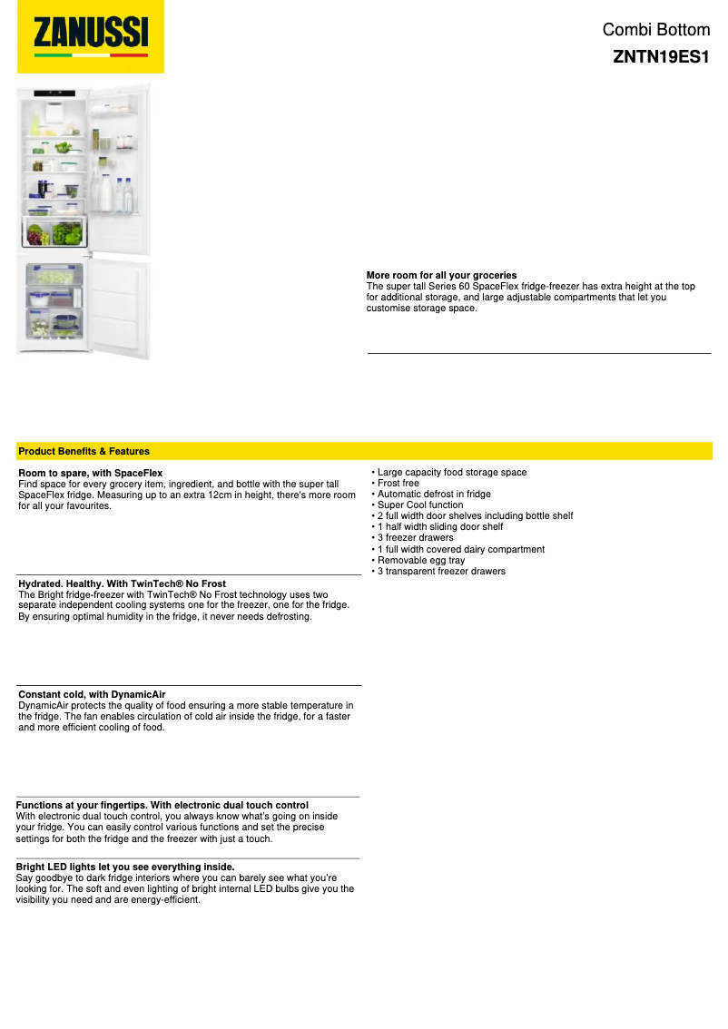 Page 1 de la notice Fiche technique Zanussi ZNTN19ES1