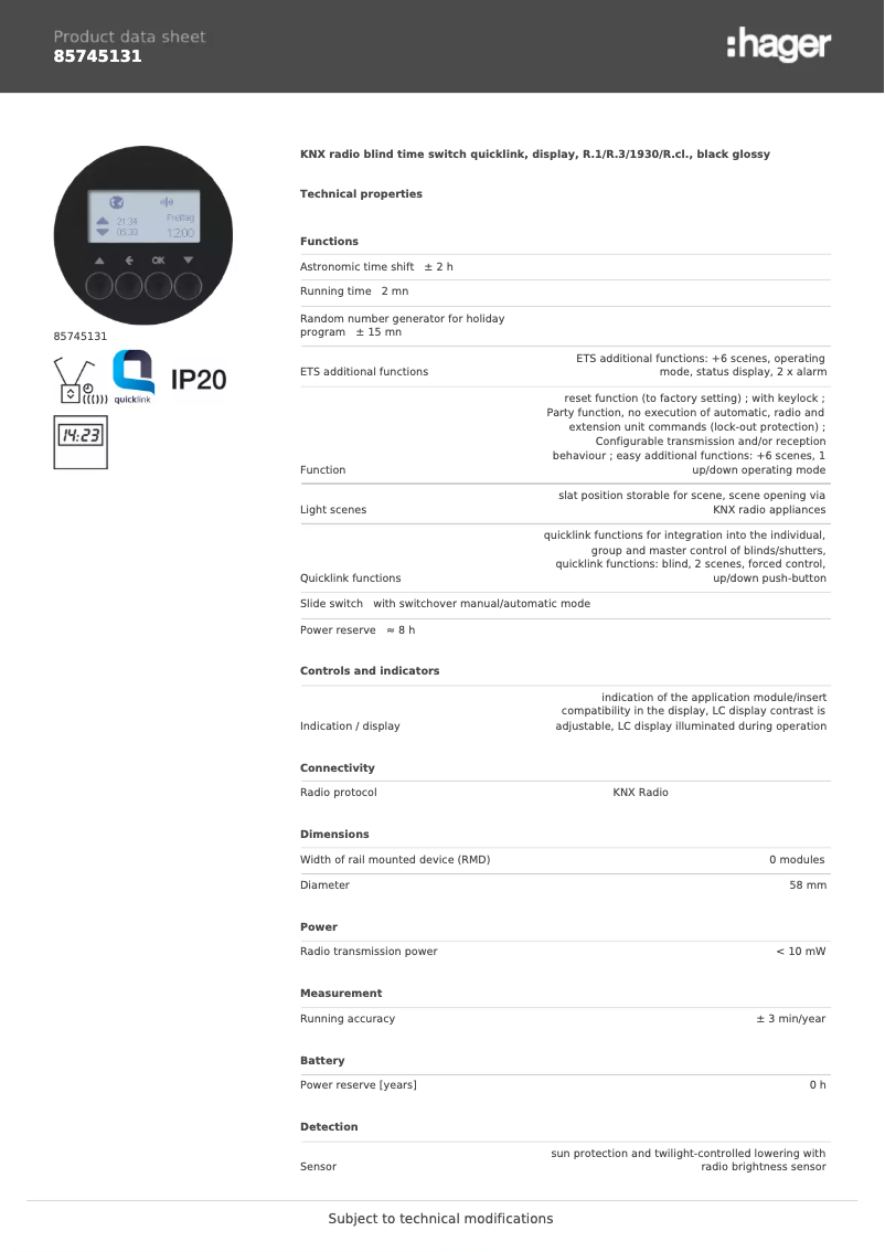 Page n°1 - Fiche technique Hager 85745131