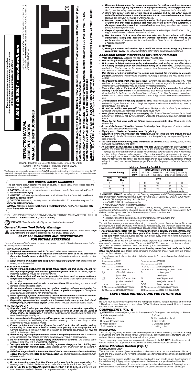 Page 1 de la notice Manuel utilisateur DeWalt D25260K
