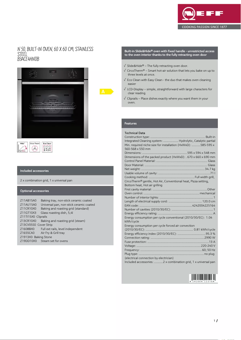 Page 1 of the manual Technical Sheet Neff B3ACE4HN0B