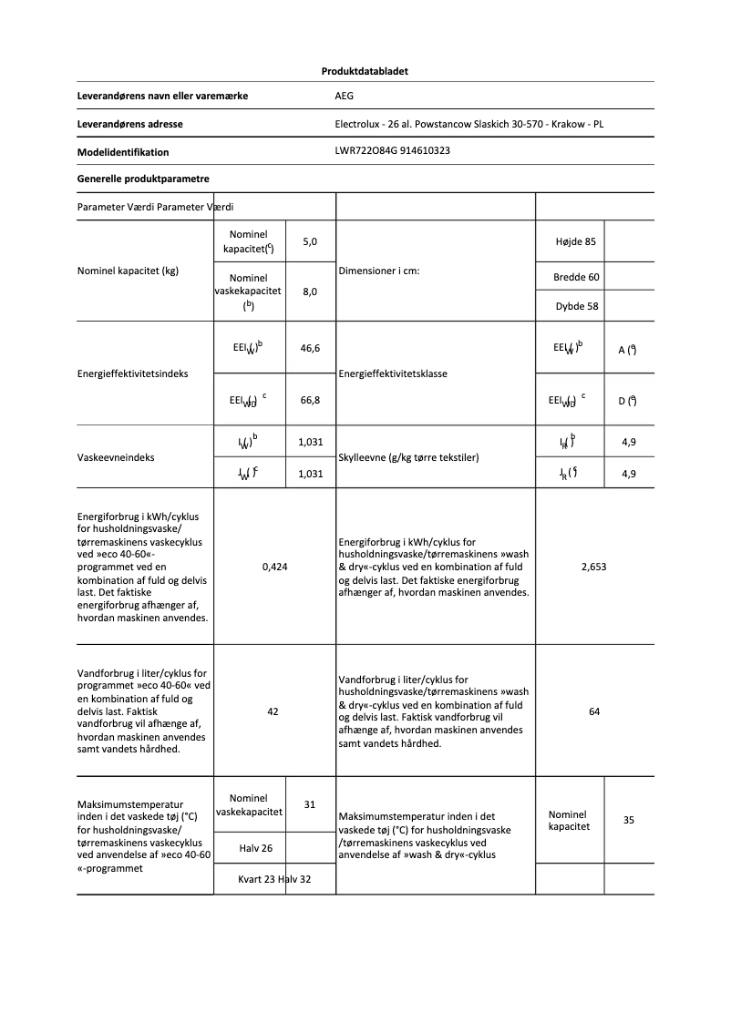Page 1 de la notice Fiche technique AEG LWR722O84G