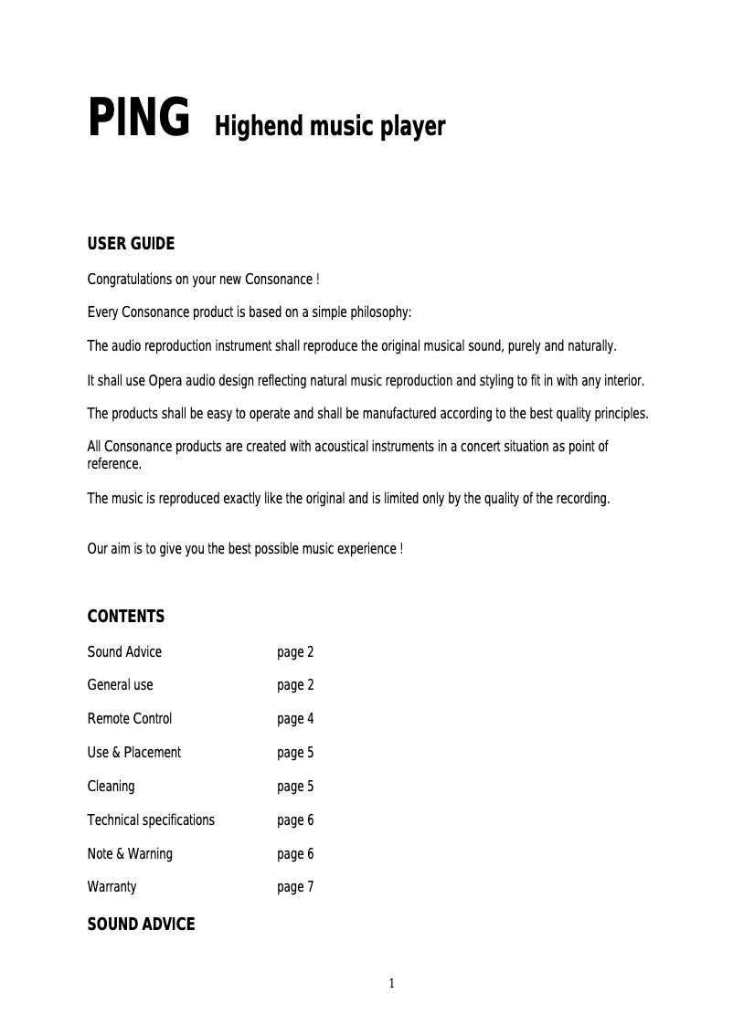 Page 1 de la notice Manuel utilisateur Opera-Consonance Ping