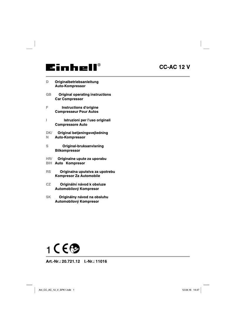Page 1 de la notice Manuel utilisateur Einhell CC-AC 12V