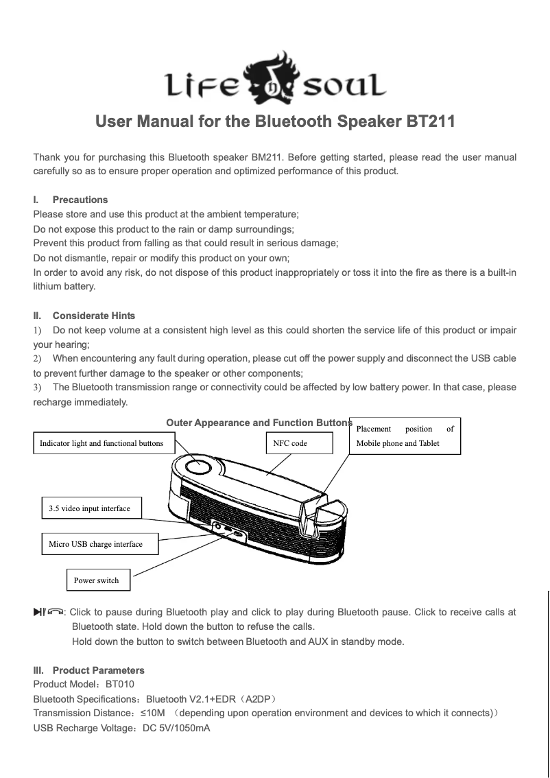 Page 1 de la notice Manuel utilisateur Life N Soul BM211