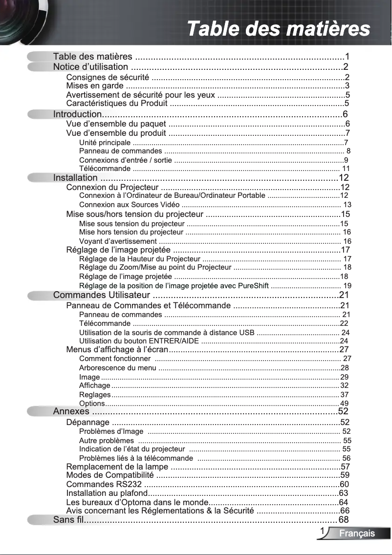 Page 1 de la notice Manuel utilisateur Optoma EW766W