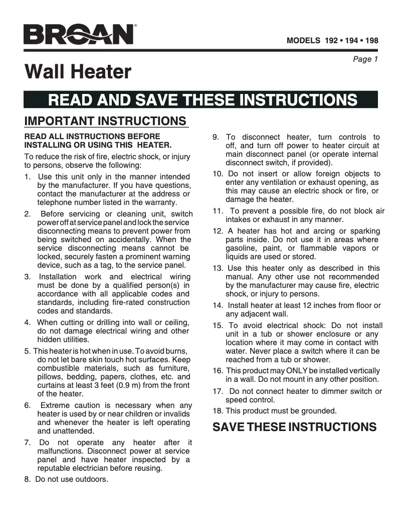 Page 1 de la notice Guide d'installation Broan 198