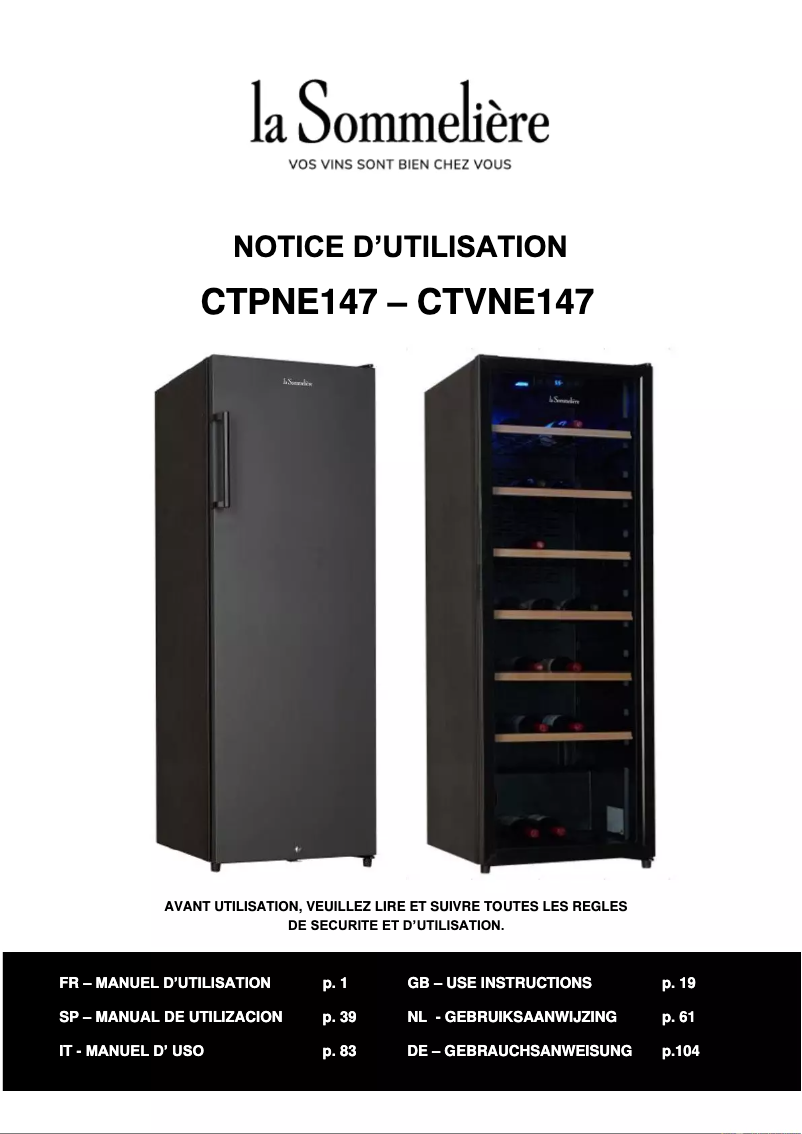 Page 1 de la notice Manuel utilisateur La Sommelière CTPNE147