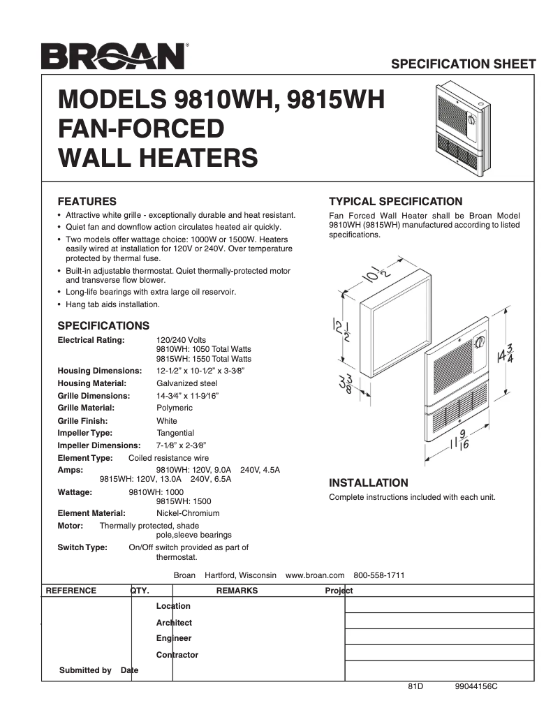 Page n°1 - Fiche technique Broan 9815WH