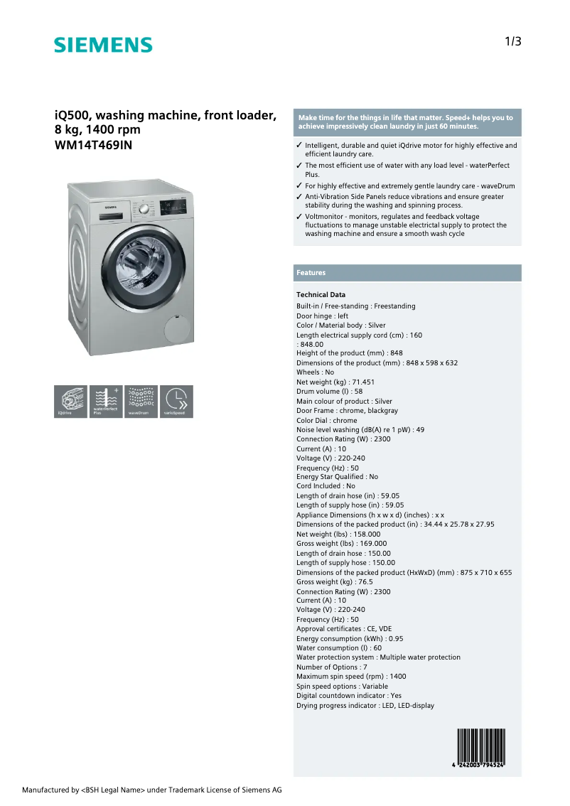 Image de la première page du manuel de l'appareil WM14T469IN