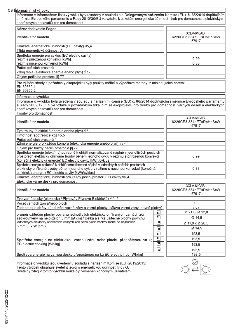 Page 1 de la notice Fiche technique Fagor 3CLV-610AB