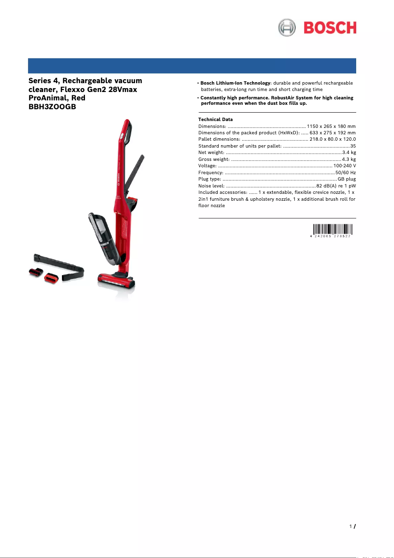 Page n°1 - Fiche technique Bosch Flexxo Serie 4 BBH3ZOOGB