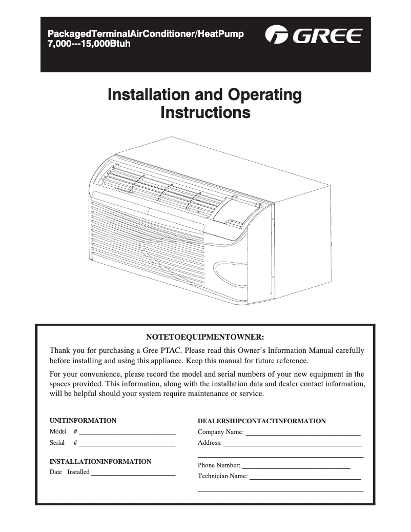 Imagen de la primera página del manual del dispositivo PTAC-GAE09AB-P