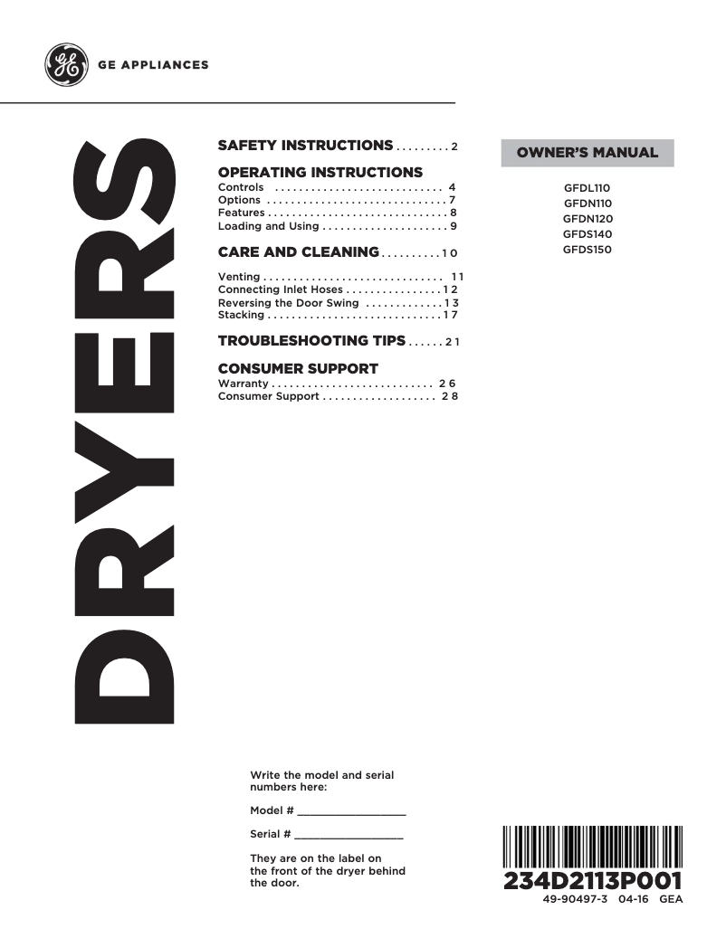 Page 1 de la notice Manuel d'utilisation et d'entretien GE GFDL110EHWW