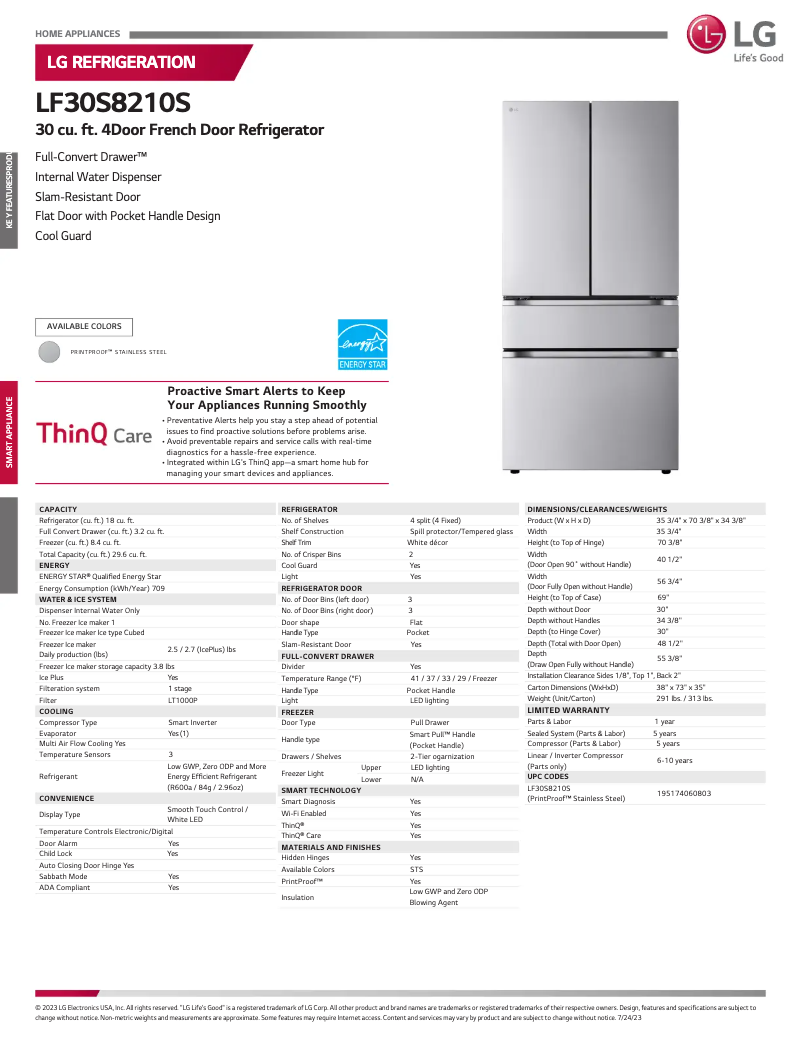 Page 1 de la notice Fiche technique LG LF30S8210S
