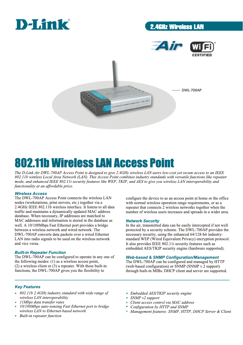 Page 1 de la notice Fiche technique D-Link DWL-700AP