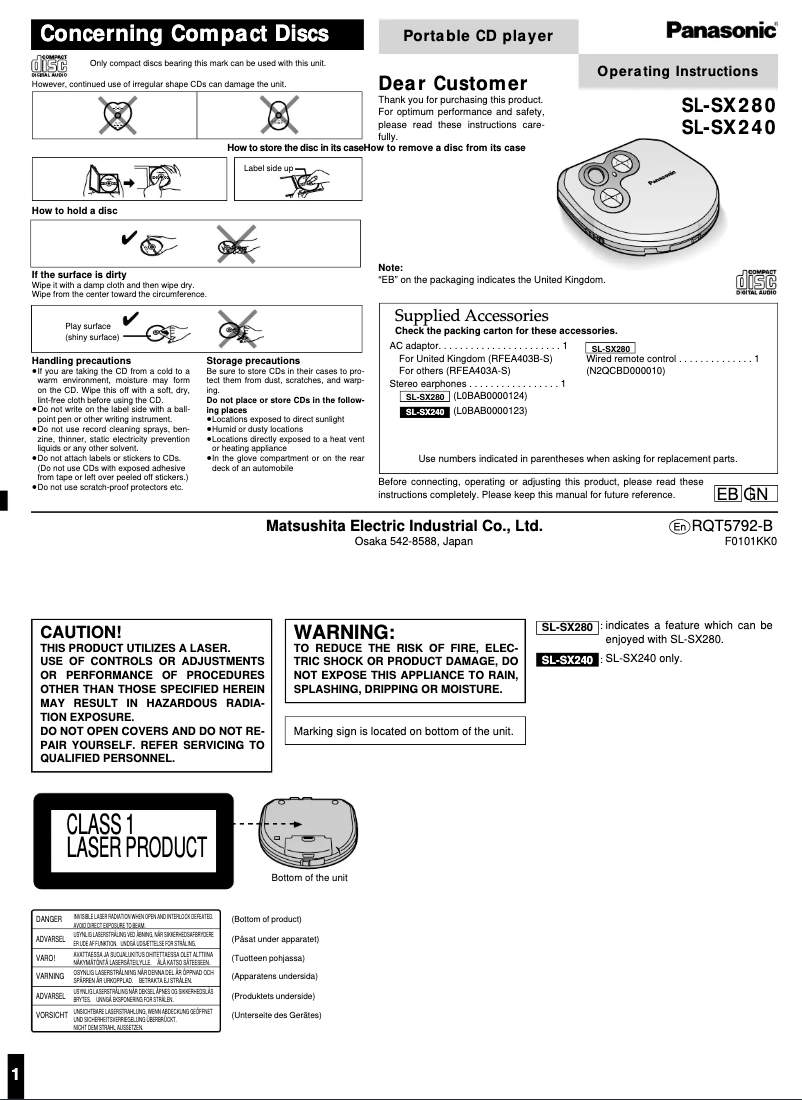 Page n°1 - Manuel utilisateur Panasonic SL-SX280