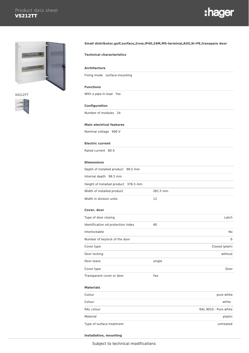 Page n°1 - Fiche technique Hager VS212TT