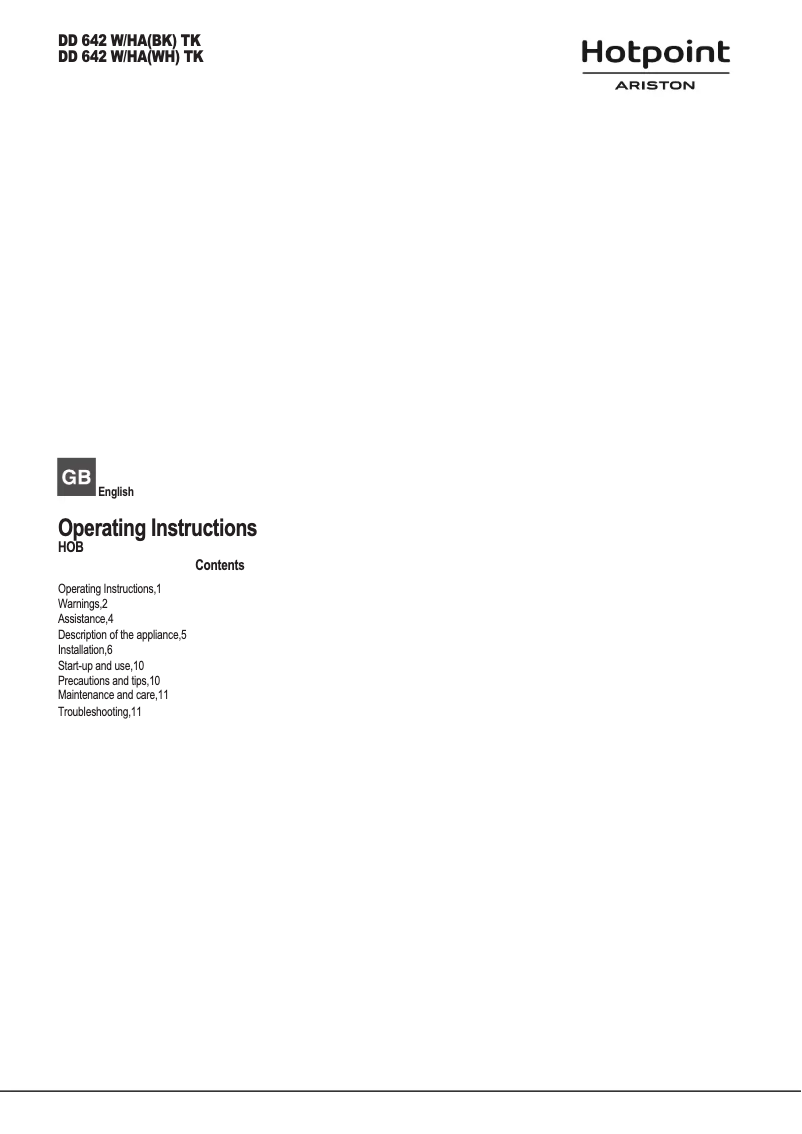 Page 1 de la notice Manuel utilisateur Hotpoint Ariston DD 642 W/HA(BK) TK