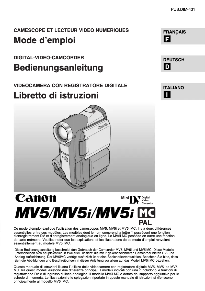 Page n°1 - Manuel utilisateur Canon MV5i MC