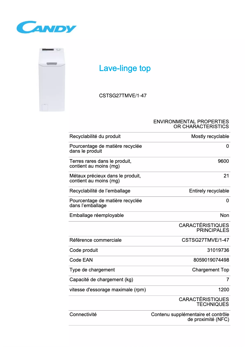 Page n°1 - Fiche technique Candy GSM27TMVE/1-47