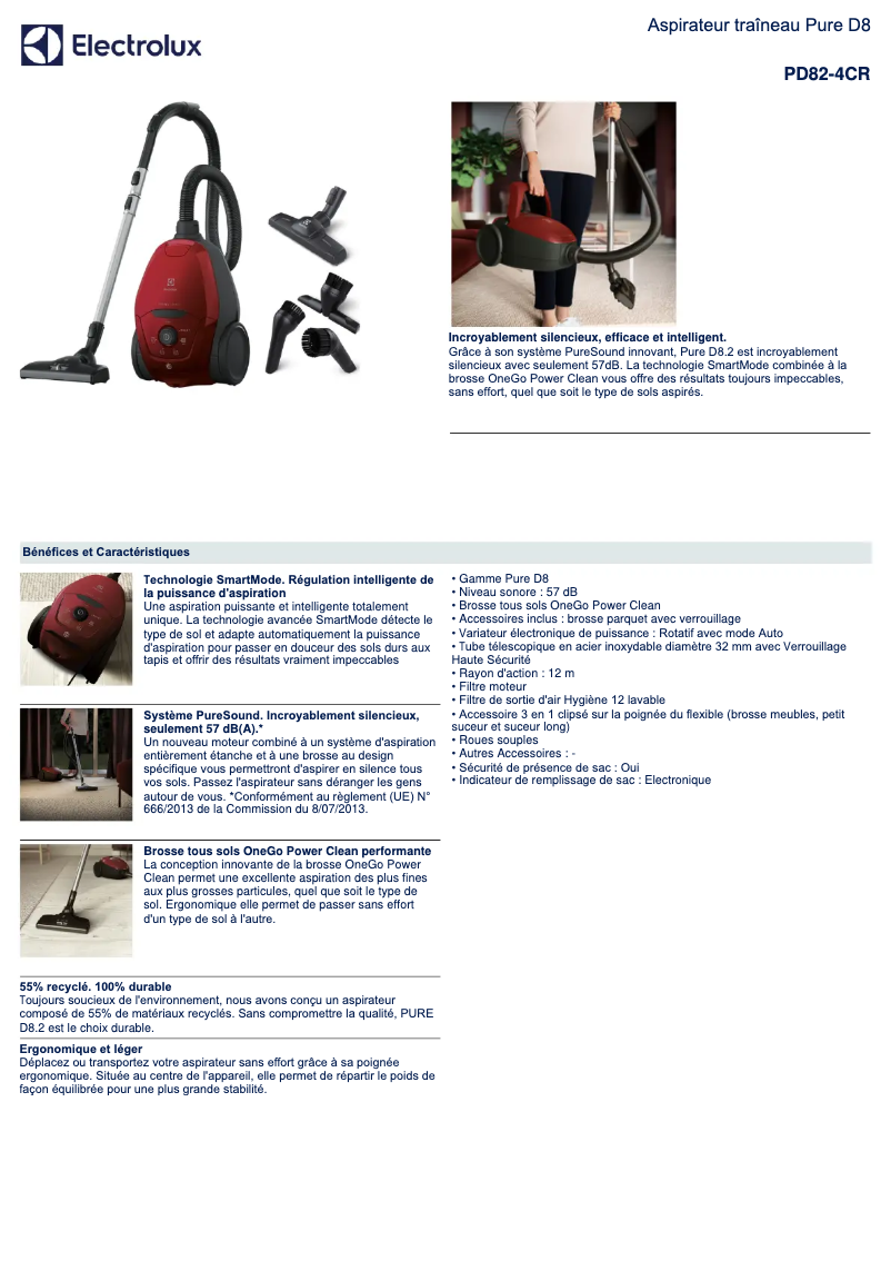 Page 1 de la notice Fiche technique Electrolux Pure D8 PD82-4CR