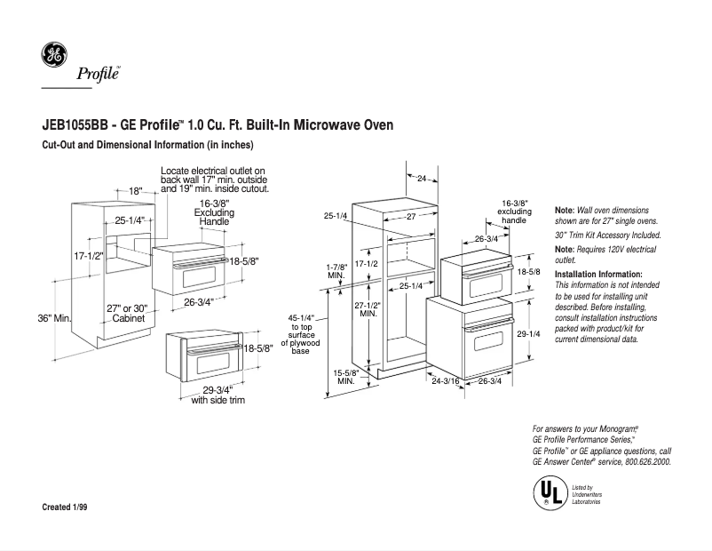 Page 1 de la notice Fiche technique GE Profile JEB1055BB