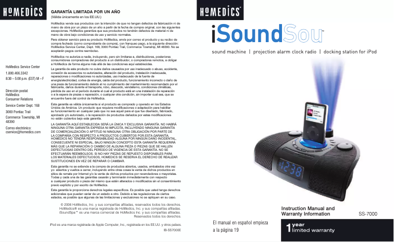 Page 1 de la notice Manuel utilisateur Homedics iSoundSpa SS-7000