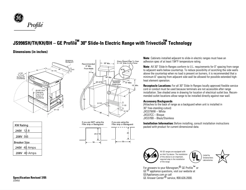 Page n°1 - Fiche technique GE Profile JS998KHCC