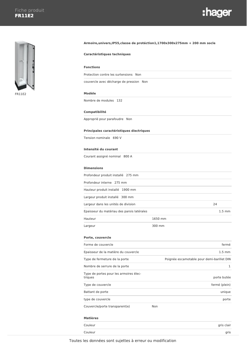 Page n°1 - Fiche technique Hager FR11E2