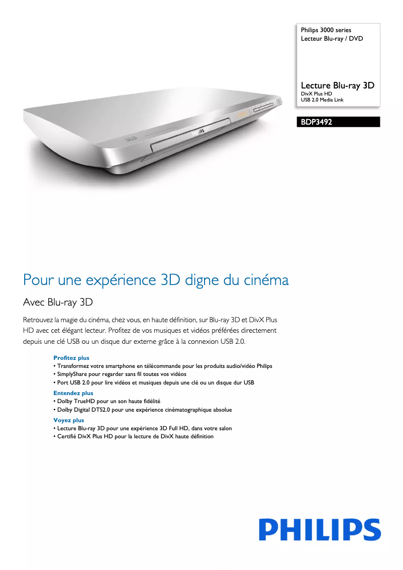 Page 1 de la notice Fiche technique Philips BDP3492