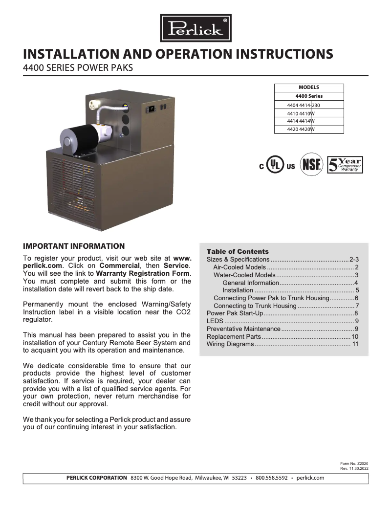 Page n°1 - Manuel utilisateur Perlick 4410W-2