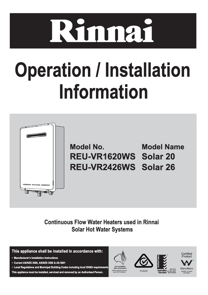 Page 1 de la notice Manuel utilisateur Rinnai Solar 20 REU-VR1620WS