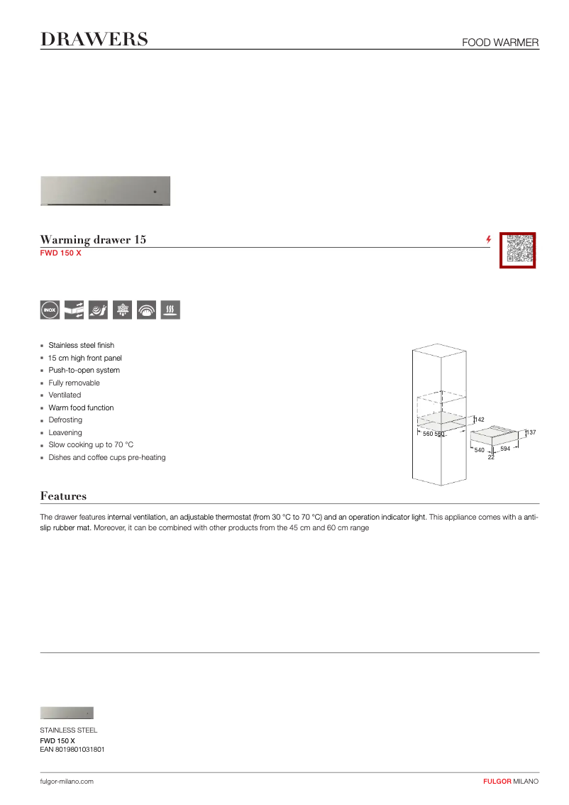 Page 1 of the manual Technical Sheet Fulgor Milano FWD 150 X
