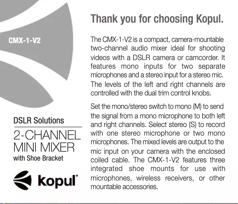 Page n°1 - Manuel utilisateur Kopul CMX-1-V2