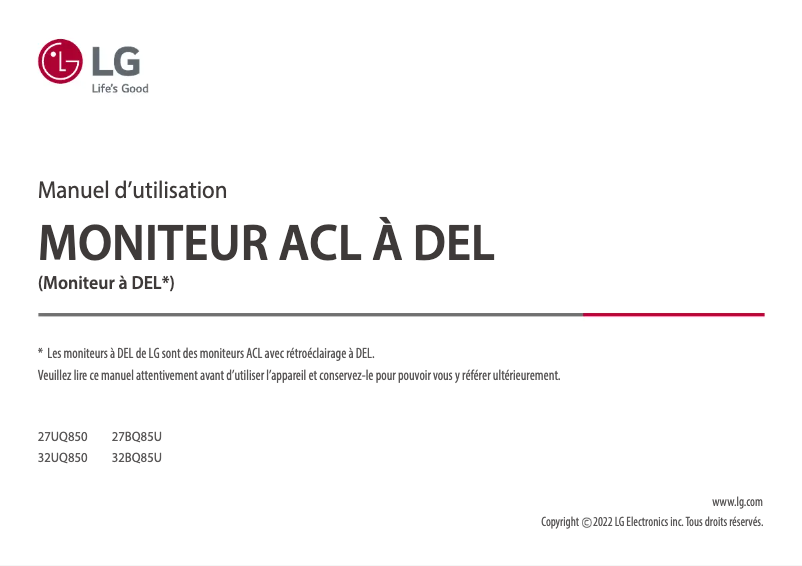 Page 1 de la notice Manuel utilisateur LG 27UQ850