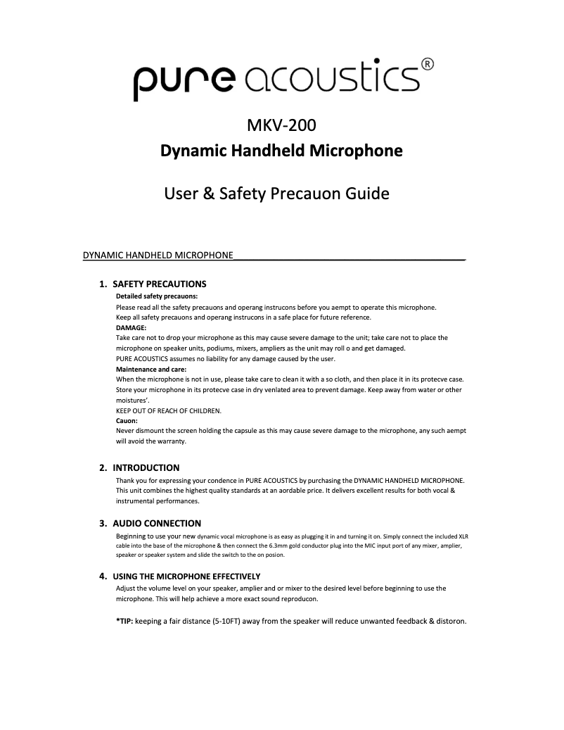 Page 1 de la notice Manuel utilisateur Pure Acoustics MKV 200