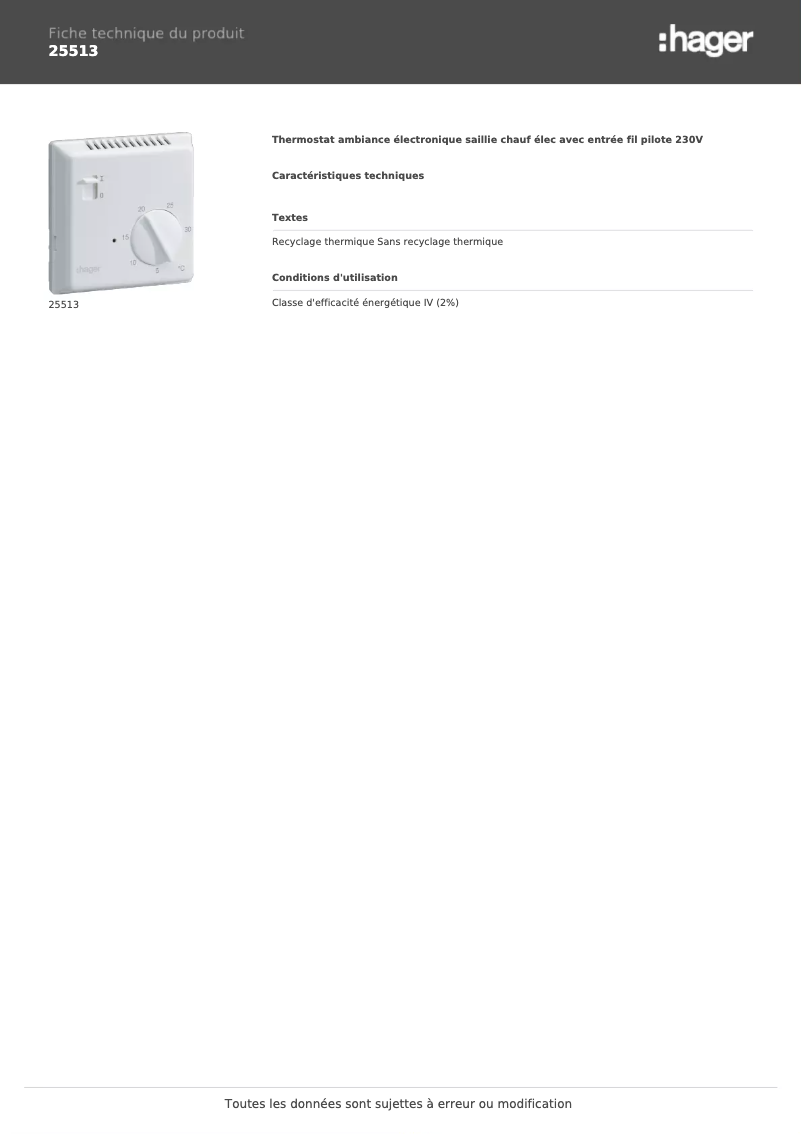Page 1 de la notice Fiche technique Hager 25513