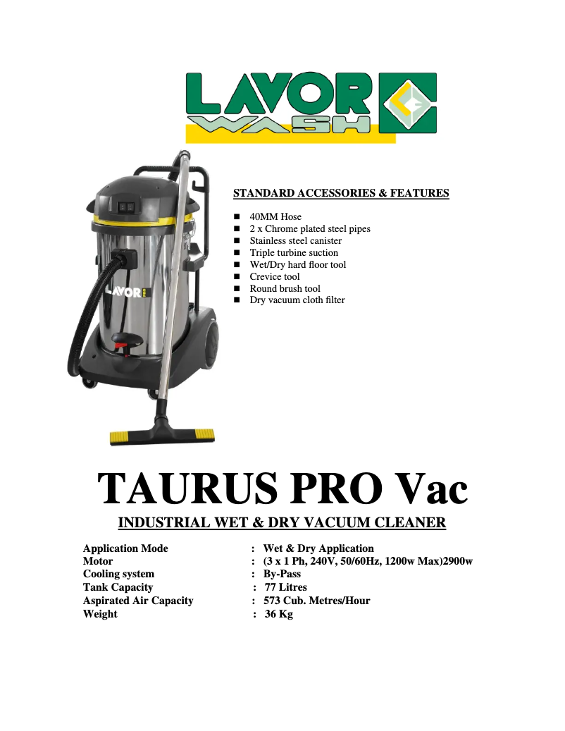 Page 1 de la notice Fiche technique Lavorwash Taurus Pro